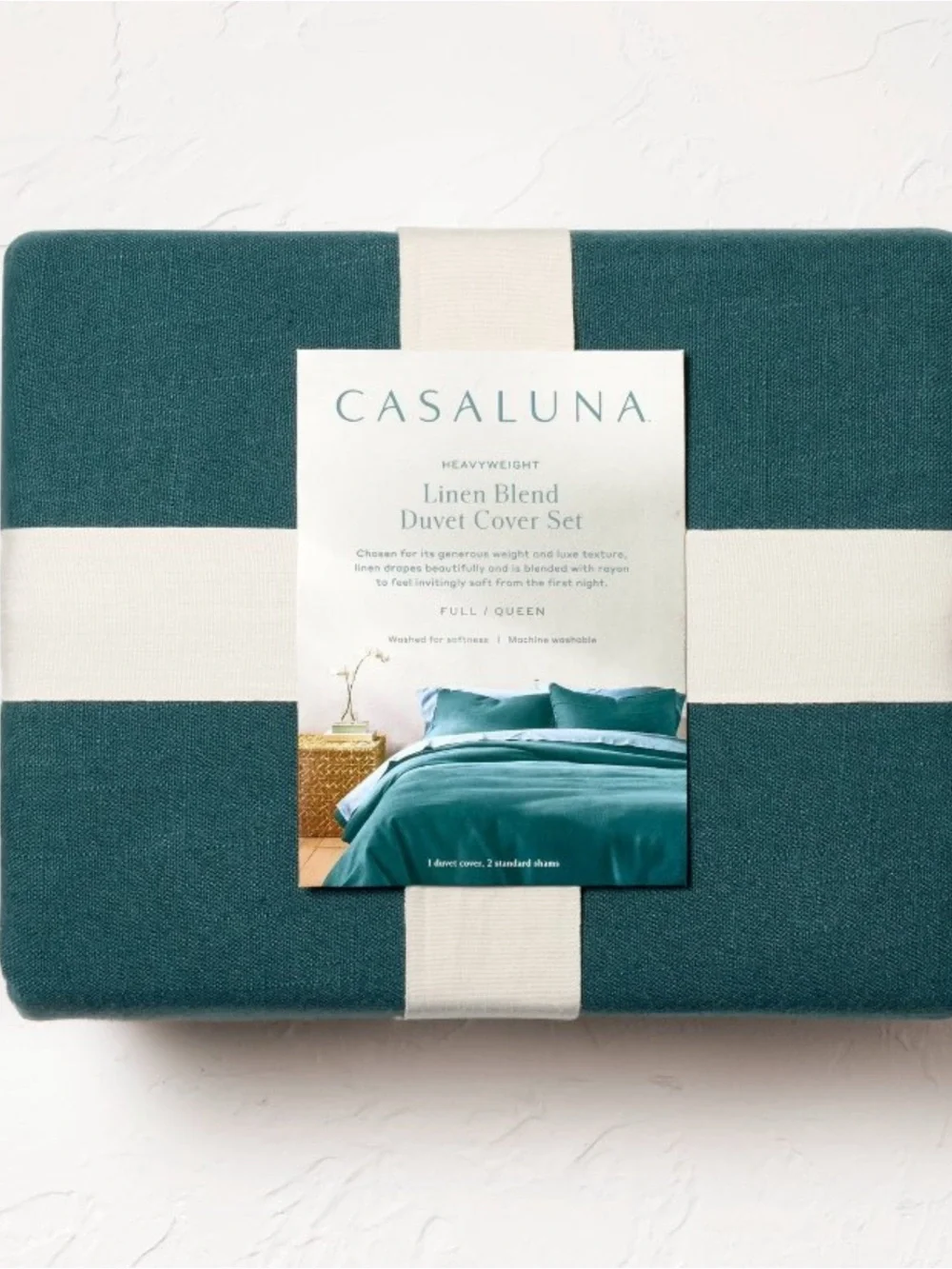 King Heavyweight Linen Blend Duvet Cover & Sham Set Dark Teal Blue -